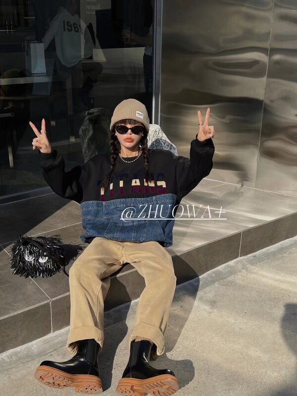 [Strictly selected by buyers-Zuowa] Trendy stitching design letter loose sweater 5513# CL