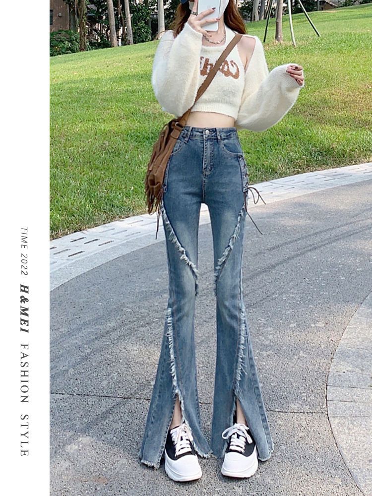 Retro slit jeans women's spring and autumn 2022 new hot style ins tide high waist loose and thin micro flared pants