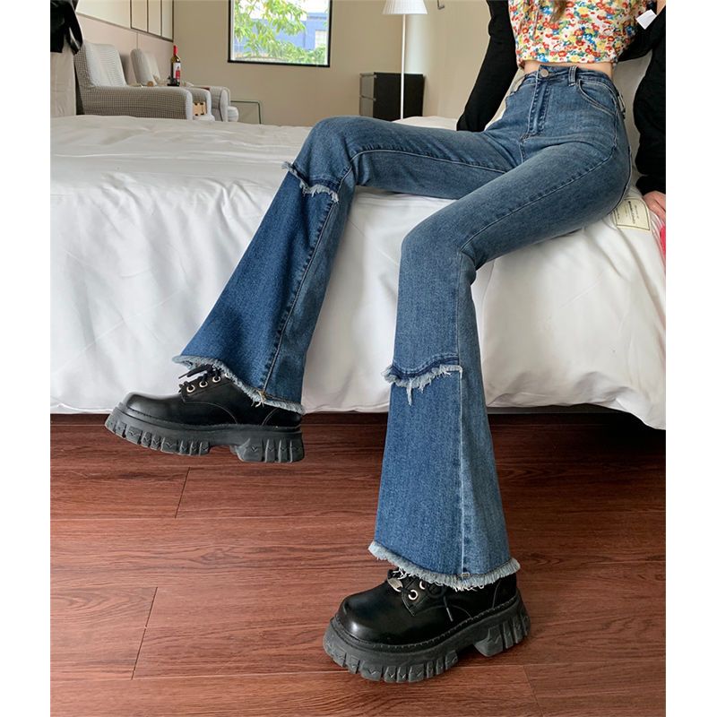 Mairy edge splicing micro la jeans female autumn new high waist show thin versatile design sense niche horn floor pants