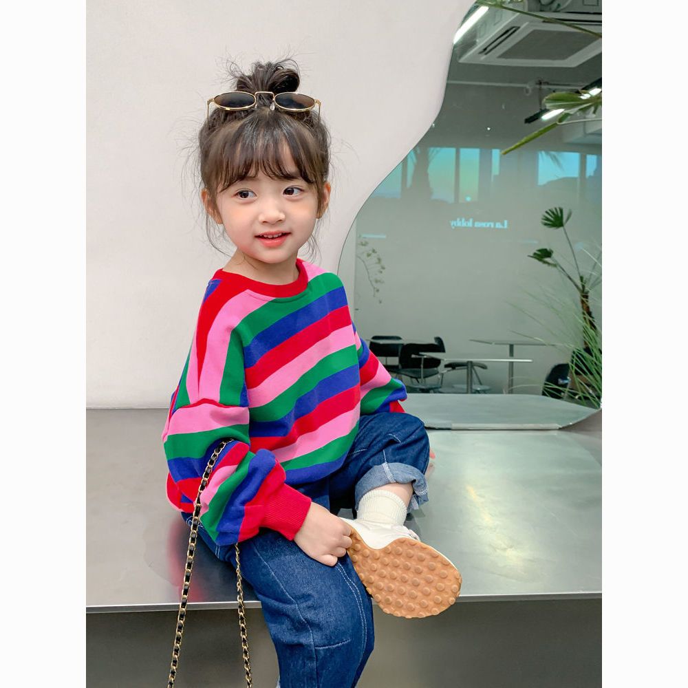Autumn 2022 new children's dress Korean version rainbow striped girl hoodie style loose baby girl top