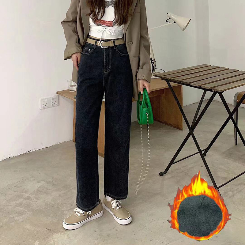 Real shooting real price 2022 new dark high waist thin elastic plus velvet trousers all-match college style straight jeans
