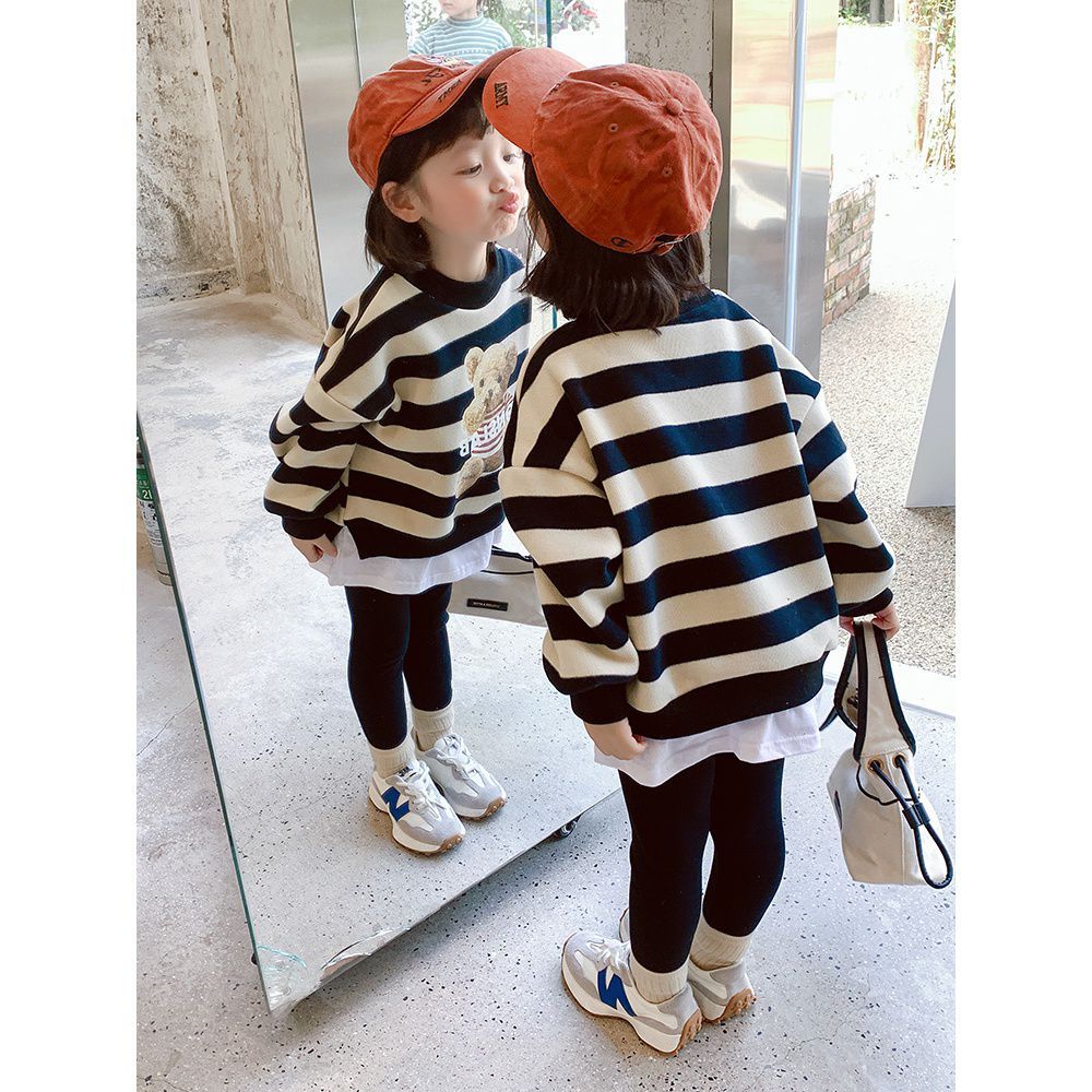 Girls' sweater spring and autumn Korean version of the children's clothing Western style striped fake two-piece children's baby girl loose shirt tide
