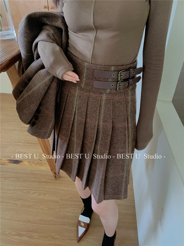 【BEST U】Korean Check Pleated Leather Button Skirt (Skirt Only) 60368# LSW