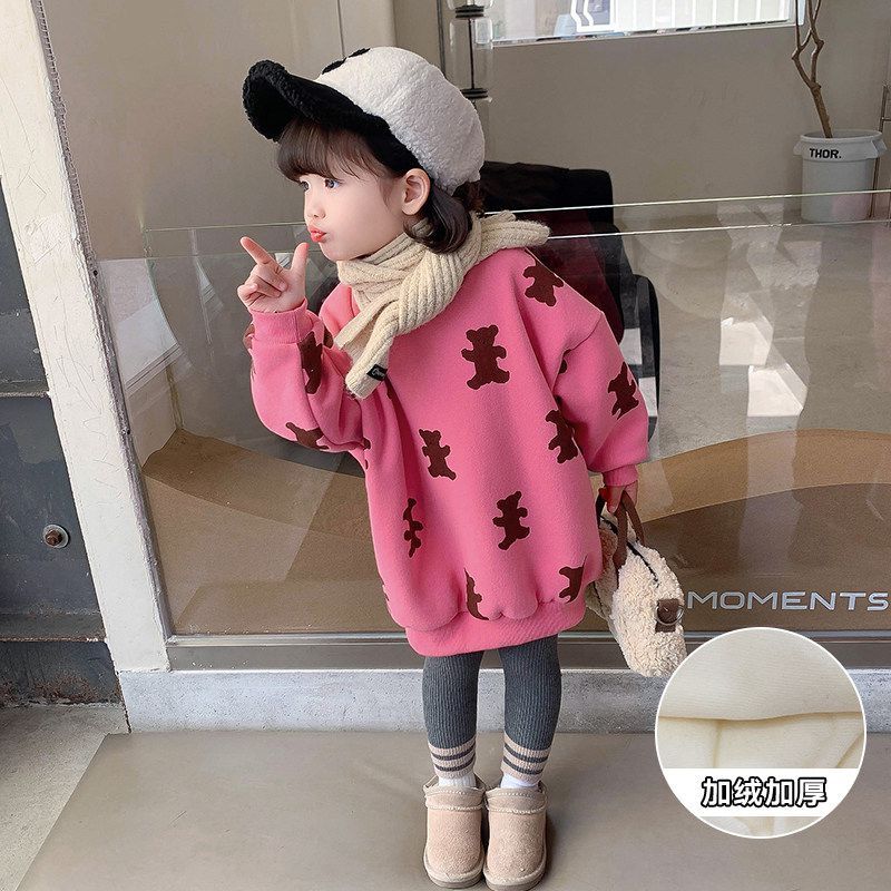Baby girl plus velvet thickened medium and long sweater children's Korean version of the children's clothing top girls foreign style children's spring and autumn fashion trend