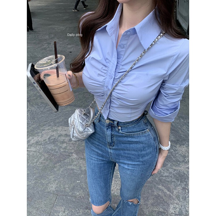 Autumn is new! [Yi Kaoru] Hot girl short front shoulder temperament shirt 0127# HYY