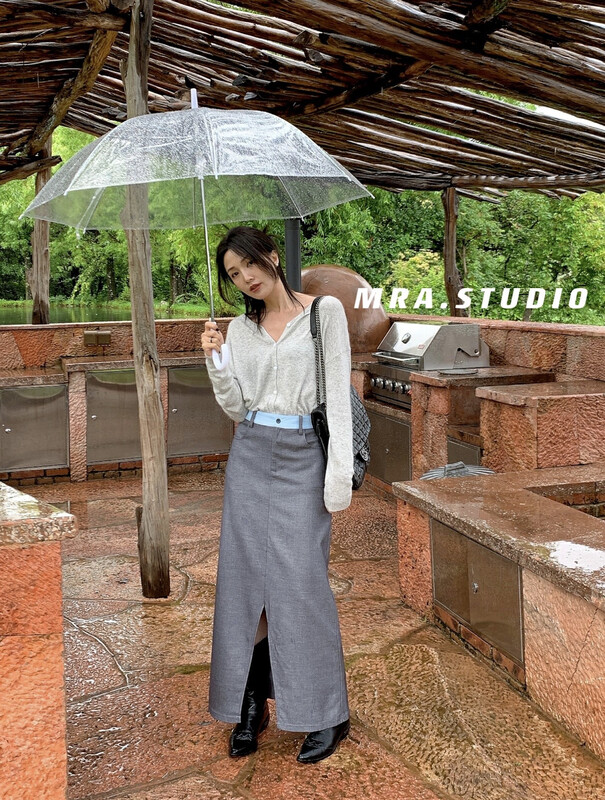 [MRA] Big-name simple contrast color stitching slit skirt L1187