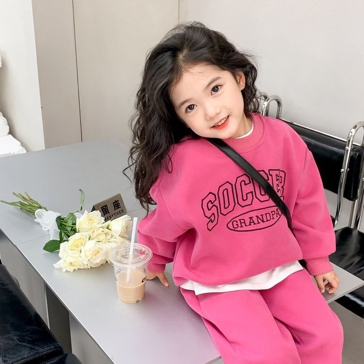Autumn and winter new thick suit two-piece loose round collar sleeve hoodie straight pants girls versatile casual suit