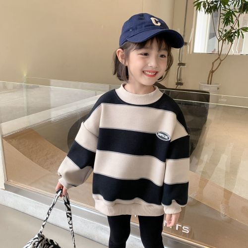 Girls hoodie  morning spring fall new Korean foreign style fashion stripes versatile children's baby thin top