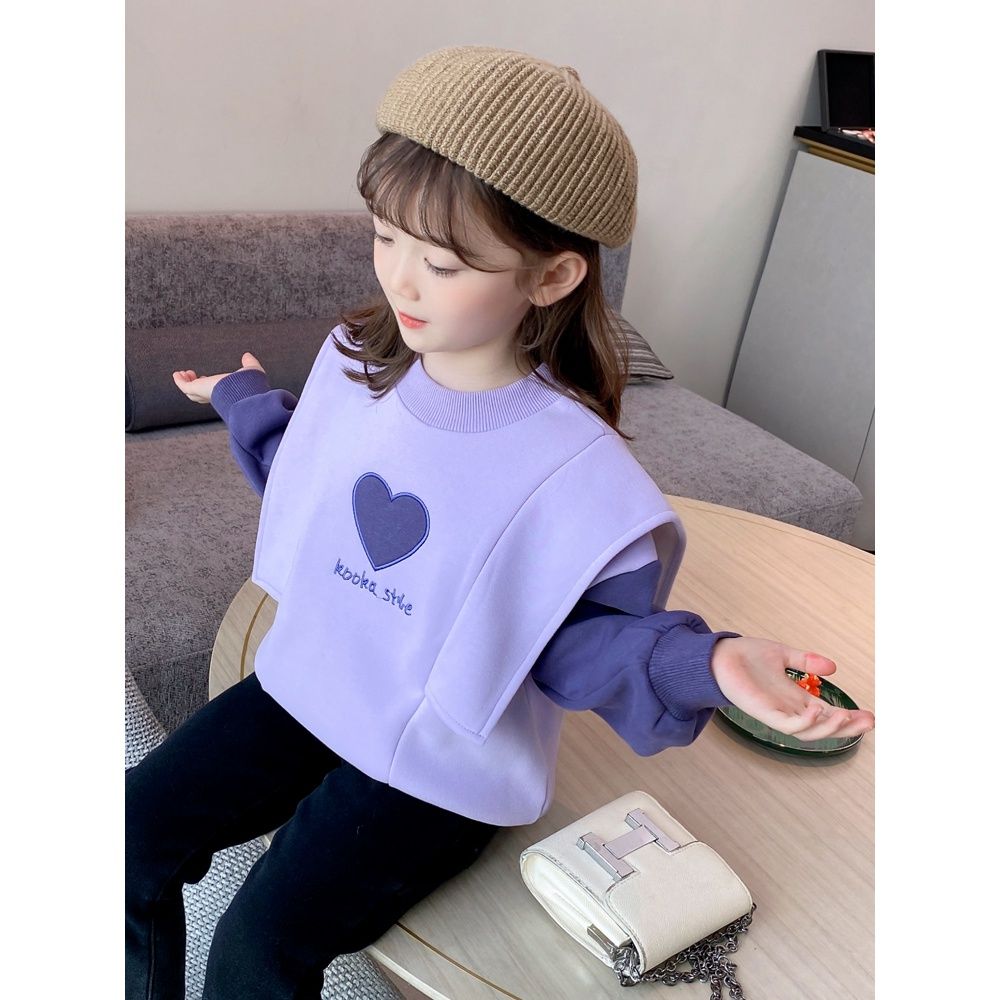 Girls spring and autumn thin hoodie 2022 new Korean version splicing fake two young children purple jacket