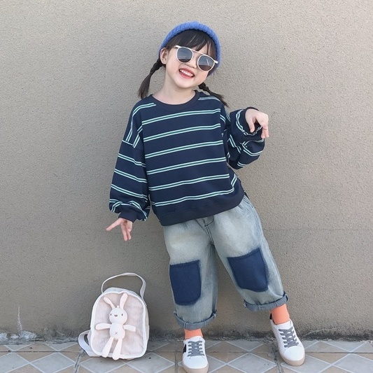 Girls' suit 2022 New Spring wear striped hoodie jeans Harron pants pants loose hip-hop leisure