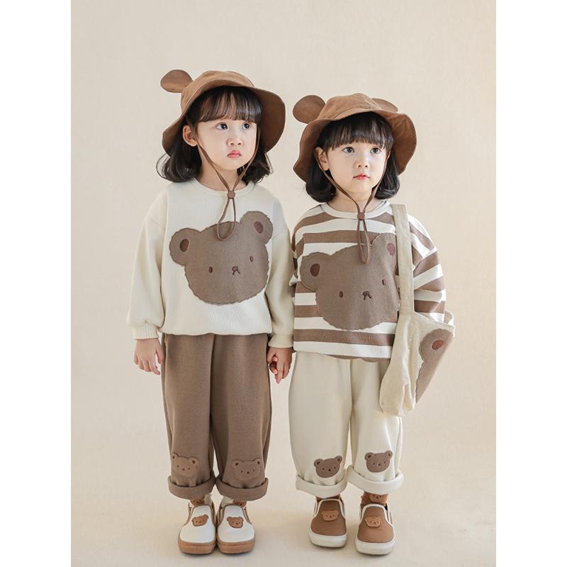 Children's Bear Casual Suit 2022 Fall New Patch Print Bibs Girls Cartoon Pullover Sweater