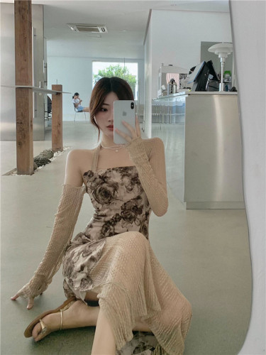 Real shot real price 2022 autumn dress niche design lace splicing chiffon long sleeve printed split dress medium length