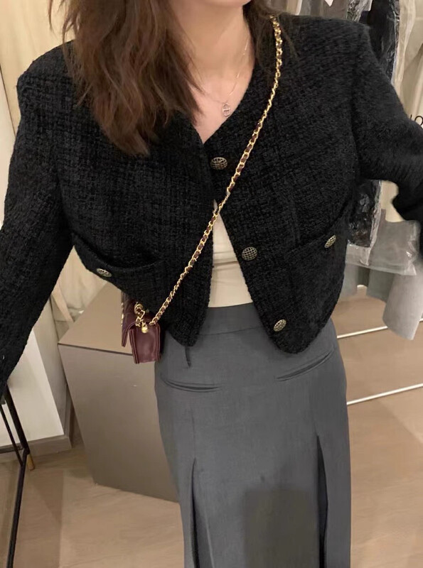 New in winter!【X·H STUDIO】French style black tweed short coat 1035# OZQ