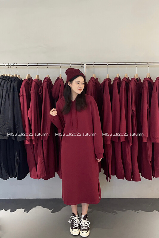 【MISS ZI】Korean Autumn Casual All-match Solid Color Long Hooded Sweater Dress 3328# CQW