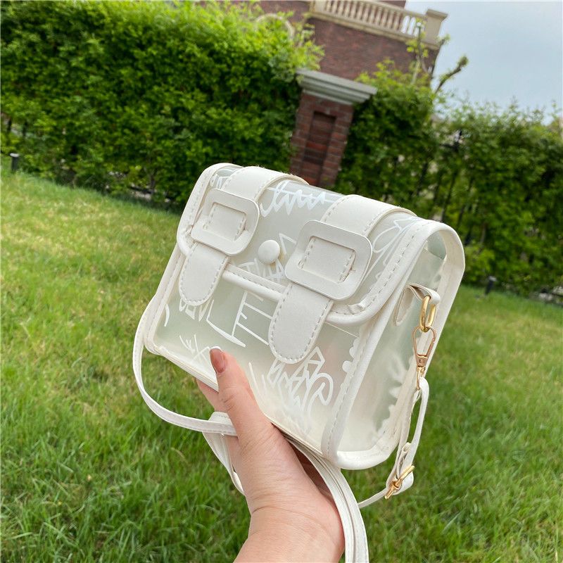 Summer transparent small bag women's 2022 new fashion printing letters diagonal one-shoulder women's bag casual frosted small bag