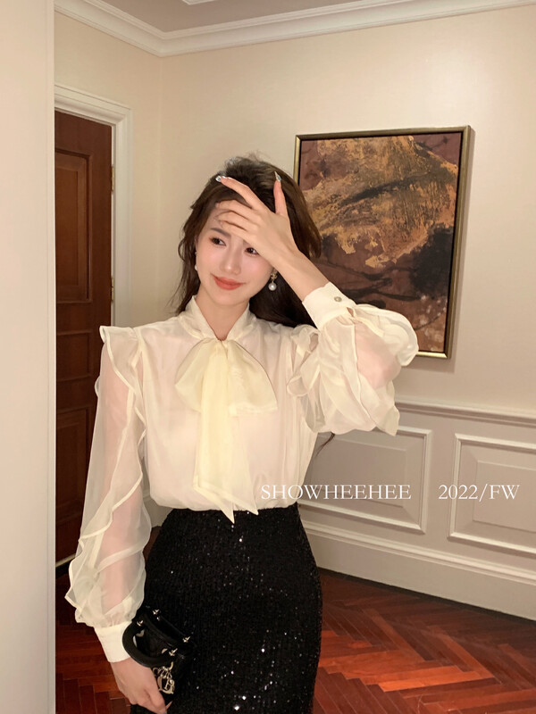 Autumn is new! [Xiu Xixi] Elegant lace-up bow shirt 9268# JHY