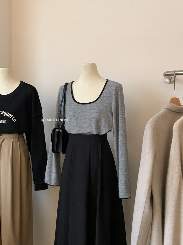 【IMISS】French temperament contrast color square neck t-shirt top long-sleeved T-shirt QK3531# FHX
