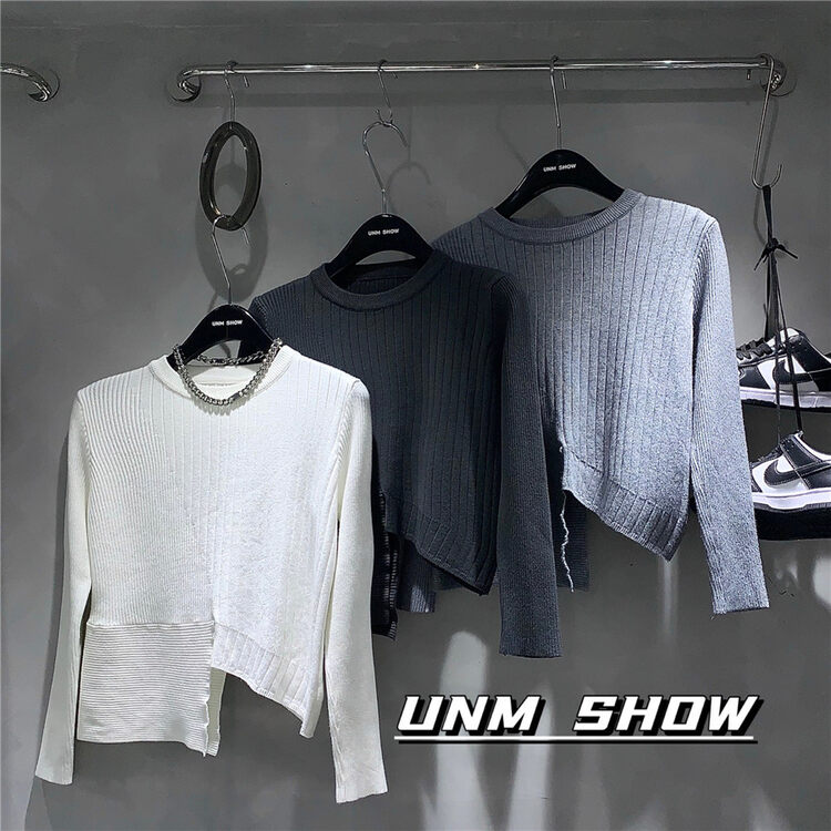 New in autumn!【UNM-SHOW】Round Neck Loose Irregular Hem Knit Sweater (Without Necklace) 6665# WTT