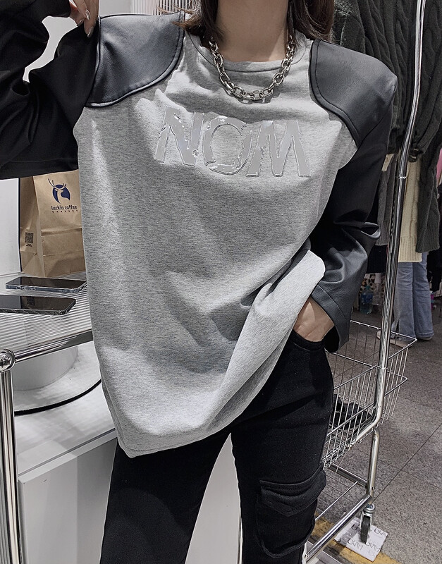 New in autumn! [UNM-SHOW] stitching letters loose long-sleeved T-shirt 6605# WTT