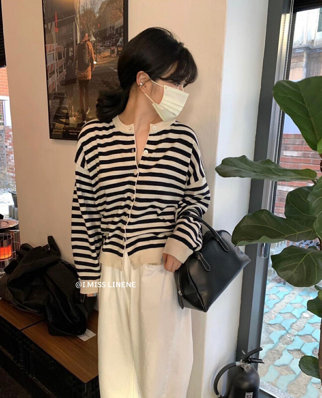 【IMISS】Korean version all-match striped knitted cardigan knitted cardigan QK0310