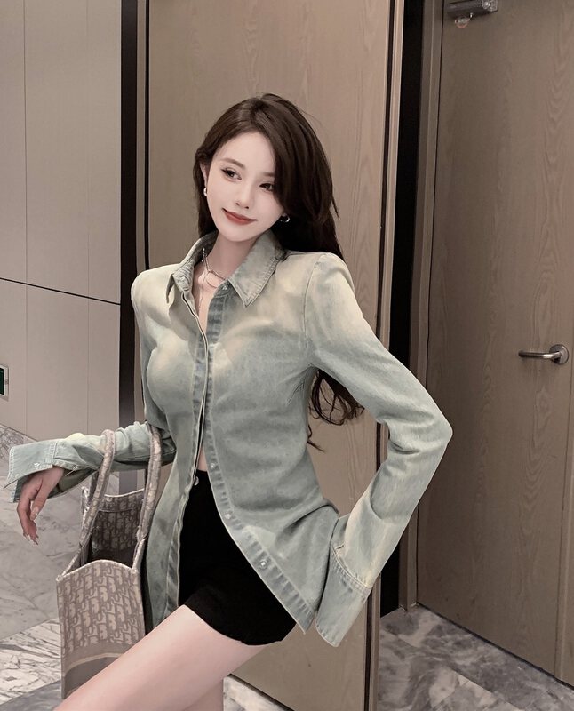 New in winter! [TAN] Hot girl slim fit denim jacket with shoulder pads S2433# JJ