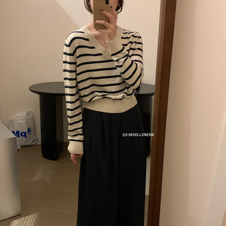 [IMISS] Korean v-neck striped knitted sweater knitted sweater with 6 wool QK0277