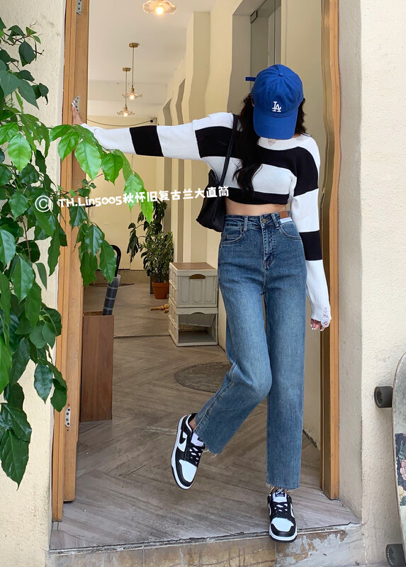 New in autumn! [T.H] Korean version of retro nostalgic light-colored stretch straight jeans 50090# LSW