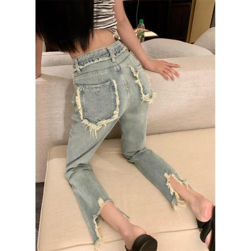 Ripped hole raw fringed fringed straight jeans women's summer thin section washed loose all-match high-waisted thin wide-leg pants