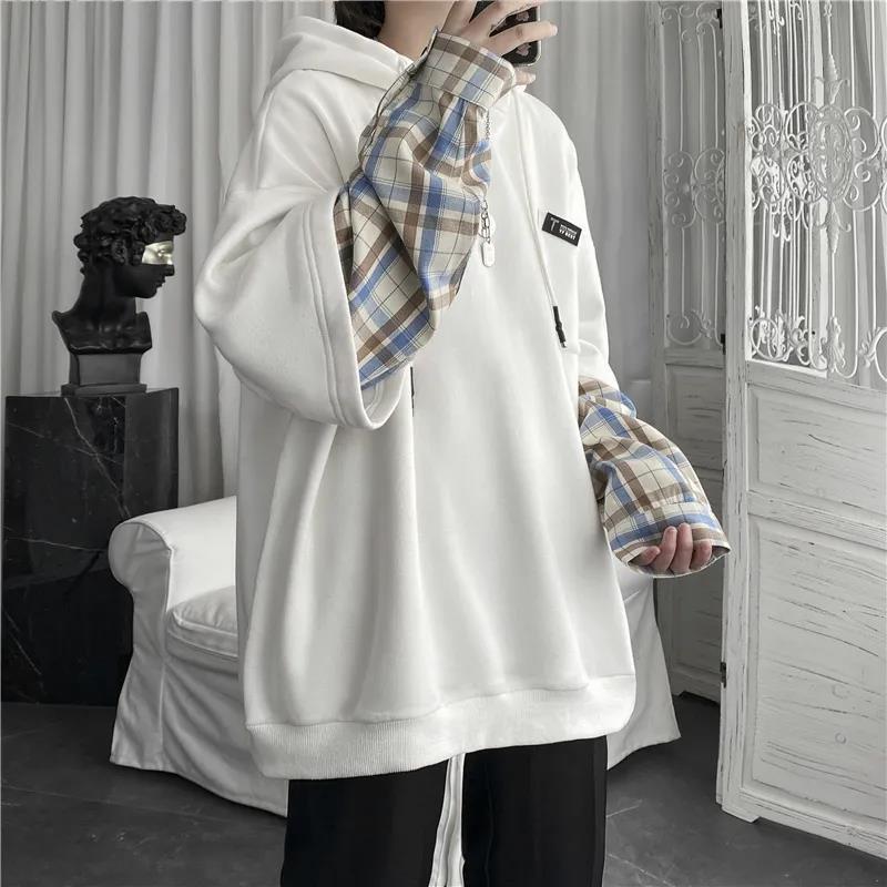 2022 new fake two-piece plaid hooded sweater women's autumn plus size student Korean version oversize coat top