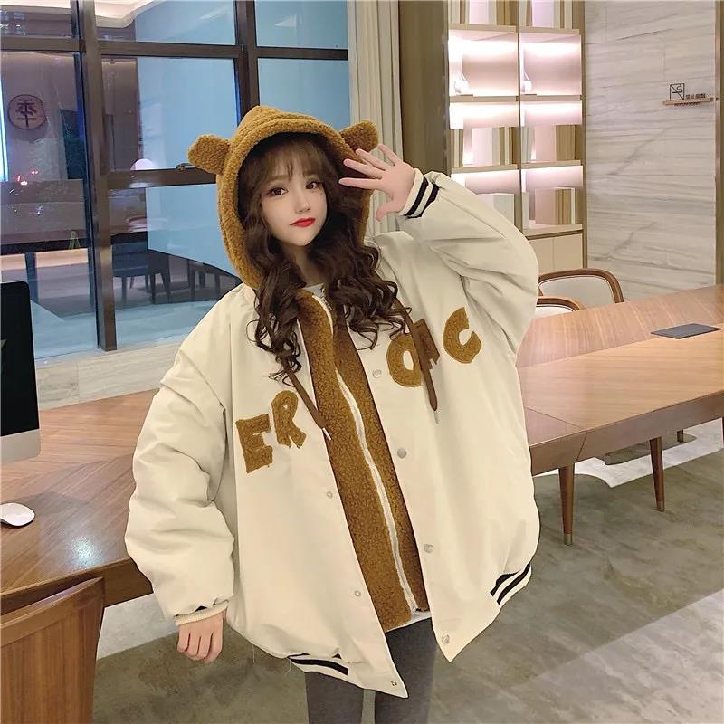 Autumn and winter lamb velvet plus velvet thick baseball jacket women's 2022 new Korean version of the loose student hooded cotton coat tide