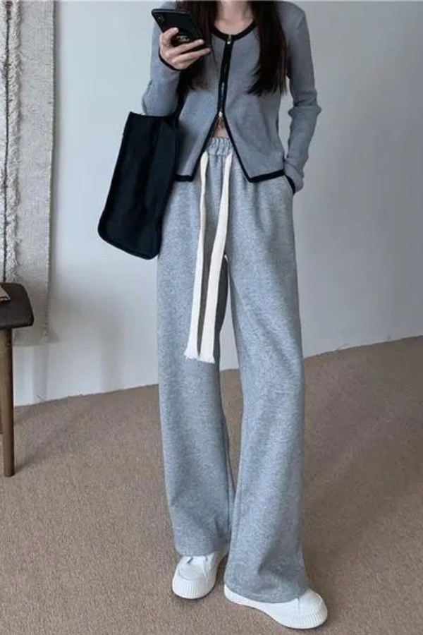 Plus velvet gray sports pants women's autumn and winter new high waist straight loose wide leg pants female students casual pants