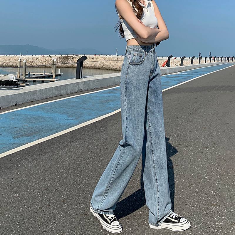 Spring and autumn high-waisted wide-leg jeans women's small loose drape Hyunya style Korean version all-match mopping straight-leg pants