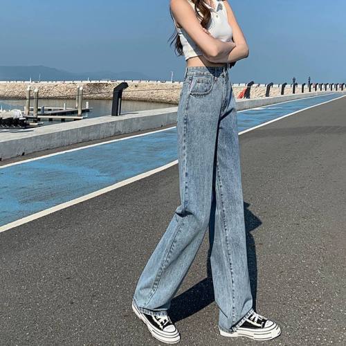 Spring and autumn high-waisted wide-leg jeans women's small loose drape Hyunya style Korean version all-match mopping straight-leg pants