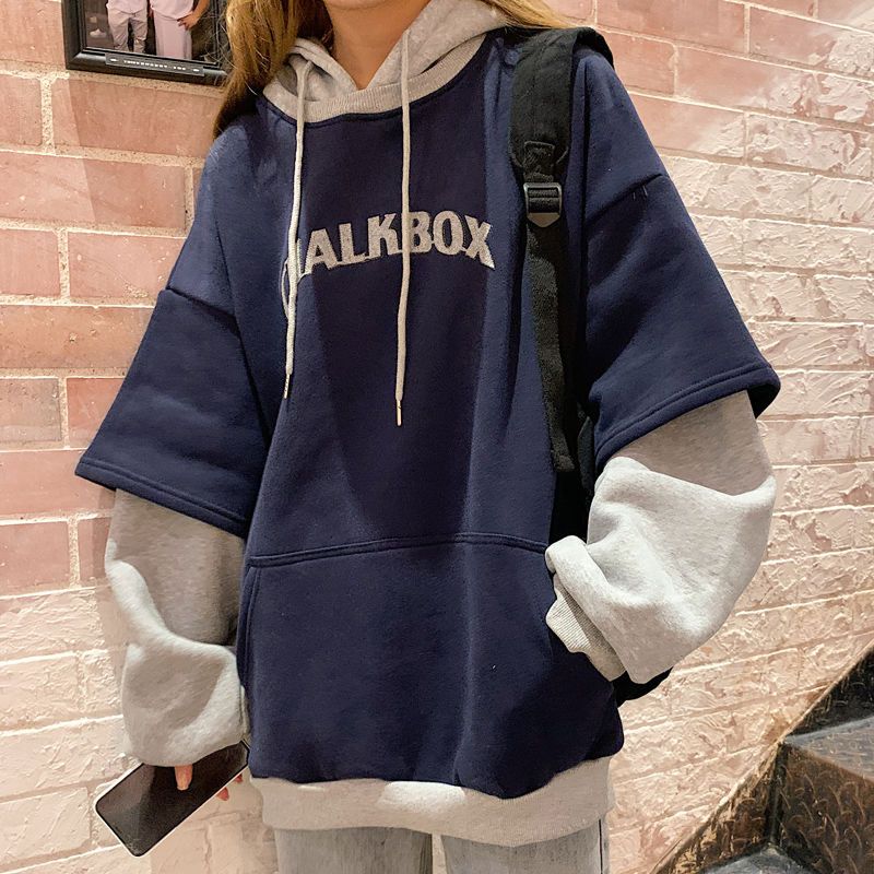 Fleece thickened sweater women's 2020 autumn and winter new loose Korean style lazy wind jacket fake two long-sleeved tops
