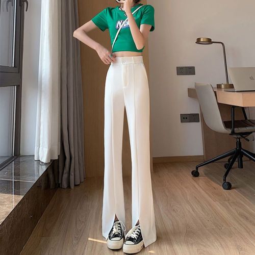 2022 summer white split micro-flare wide-leg pants women's casual high-waisted slim all-match suit mopping long pants