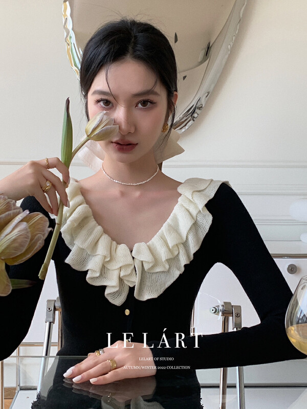 【LE LART】Hepburn style lotus leaf collar gold button sheep sweater (including wool cardigan) YS1-TH060# JHY