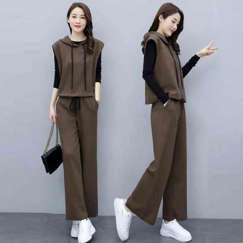 2022 vest three-piece spring and autumn clothing new leisure sports all-match solid color thin and tall large size suit women's tide