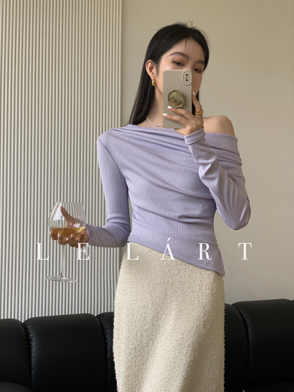 【LE LART】French pure lustrous pleated off-shoulder bottoming T-shirt LL5615# JHY
