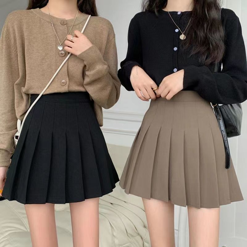 Khaki spring and summer black pleated skirt short skirt female high waist A-line skirt student ins super fire skirt college style