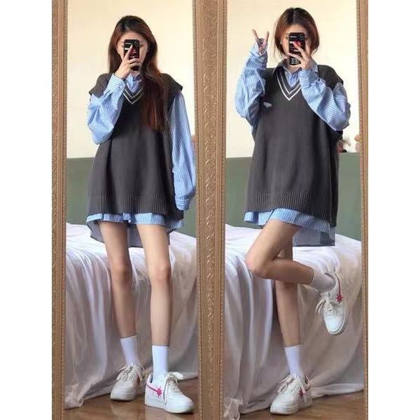 Two-piece suit/single-piece new Korean version of the salt series for women to wear with fried street loose knitted sweaters and layered vest shirts
