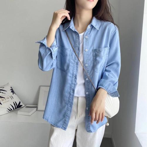 Early autumn tops denim long-sleeved shirts  new high-end chic slim tops Western-style shirts women