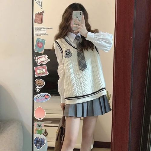 Three-piece suit autumn small casual all-match knitted sweater vest layered shirt blouse + pleated skirt