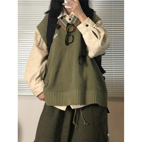 Two-piece suit/single-piece spring, autumn and winter corduroy shirt loose shirt knitted sweater vest vest preppy style