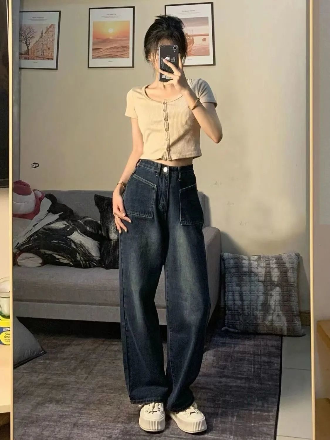 Jeans women's summer high street ins retro loose high-waisted straight-leg pants slim wide-leg pants droopy mopping pants