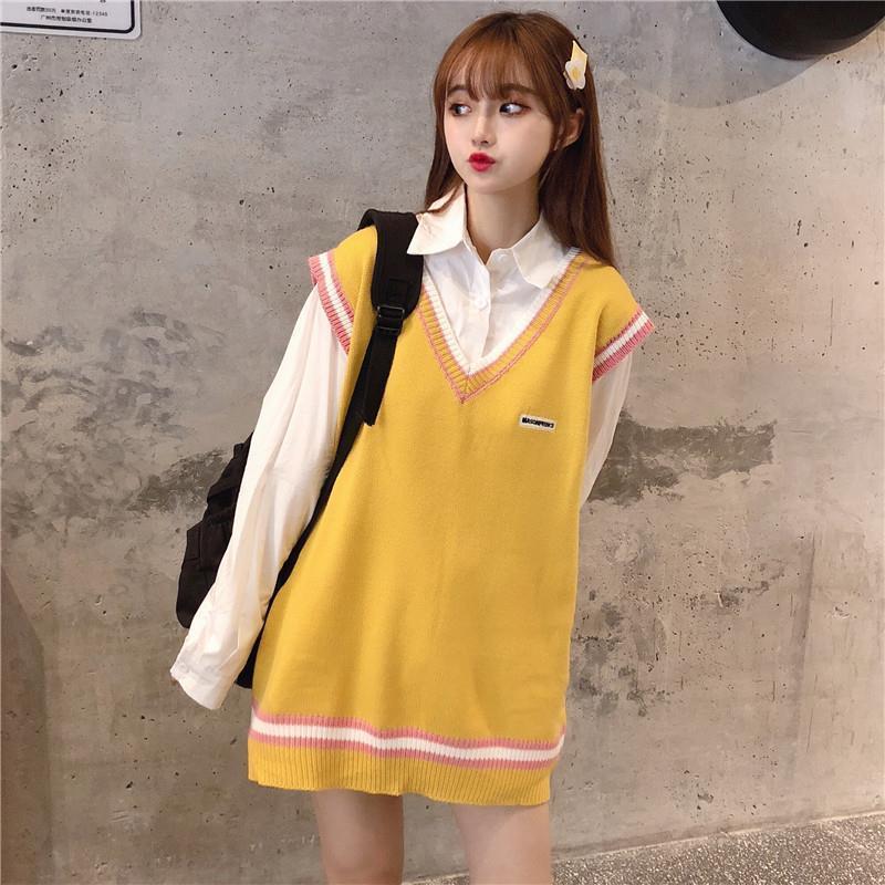 Fashion suit female spring and autumn loose knitted sweater vest + college style mid-length shirt trendy suit/single piece