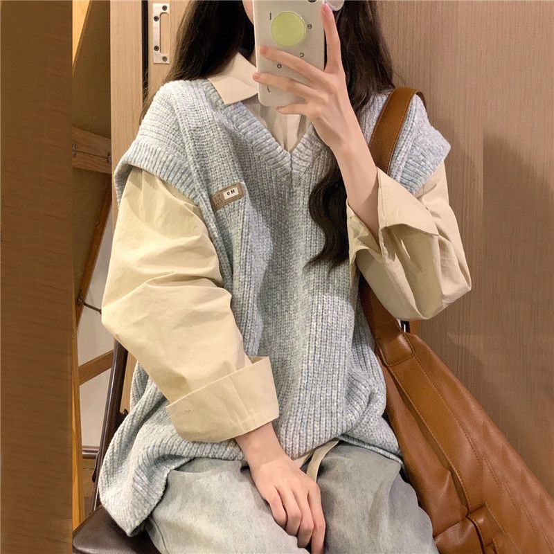 Two-piece suit college spring and autumn Korean version fashion vest knitted vest layered sweater vest female + long-sleeved shirt