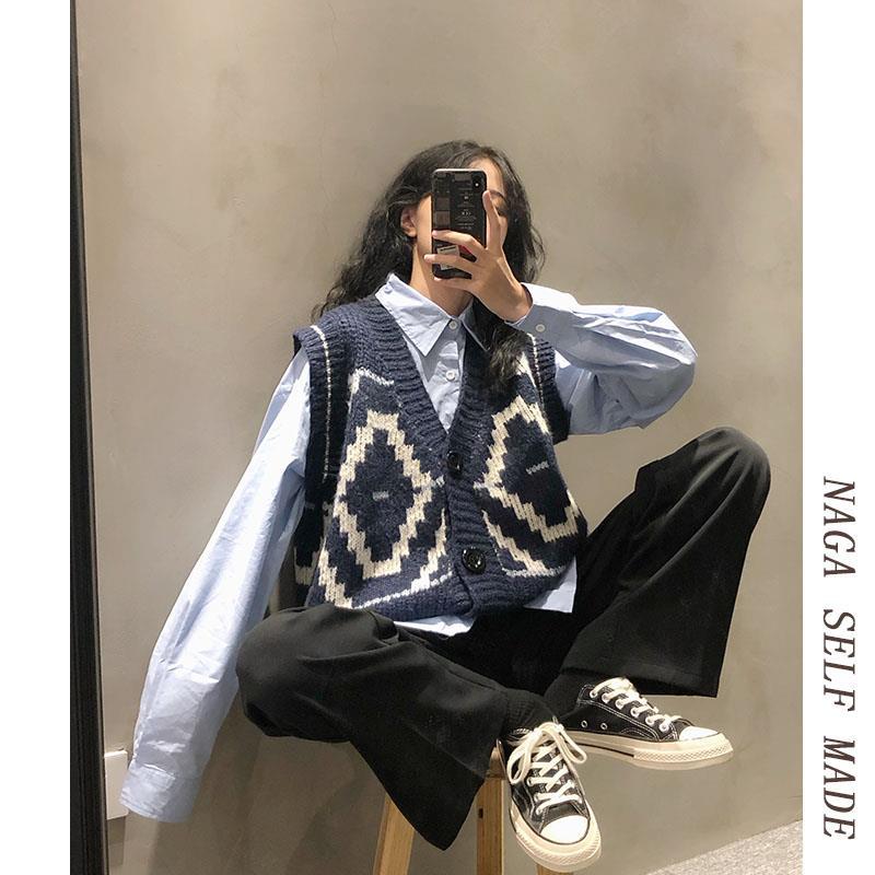 Two-piece suit/single-piece spring and autumn new style cold ice college wind knitted vest vest cardigan all-match jacket shirt