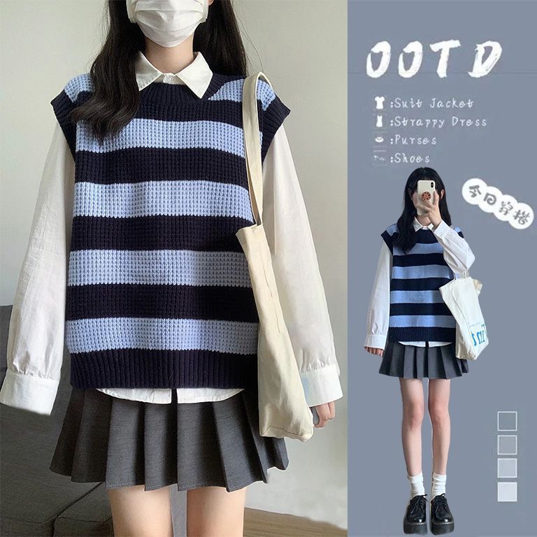 Two-piece suit autumn forest department college style waistcoat round neck knitted sweater layered vest vest with shirt women