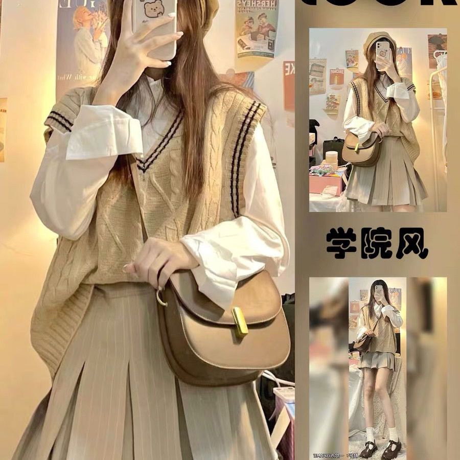 Two-piece suit/single-piece college style net red age-reducing long-sleeved shirt spring and autumn knitted vest outer sweater vest