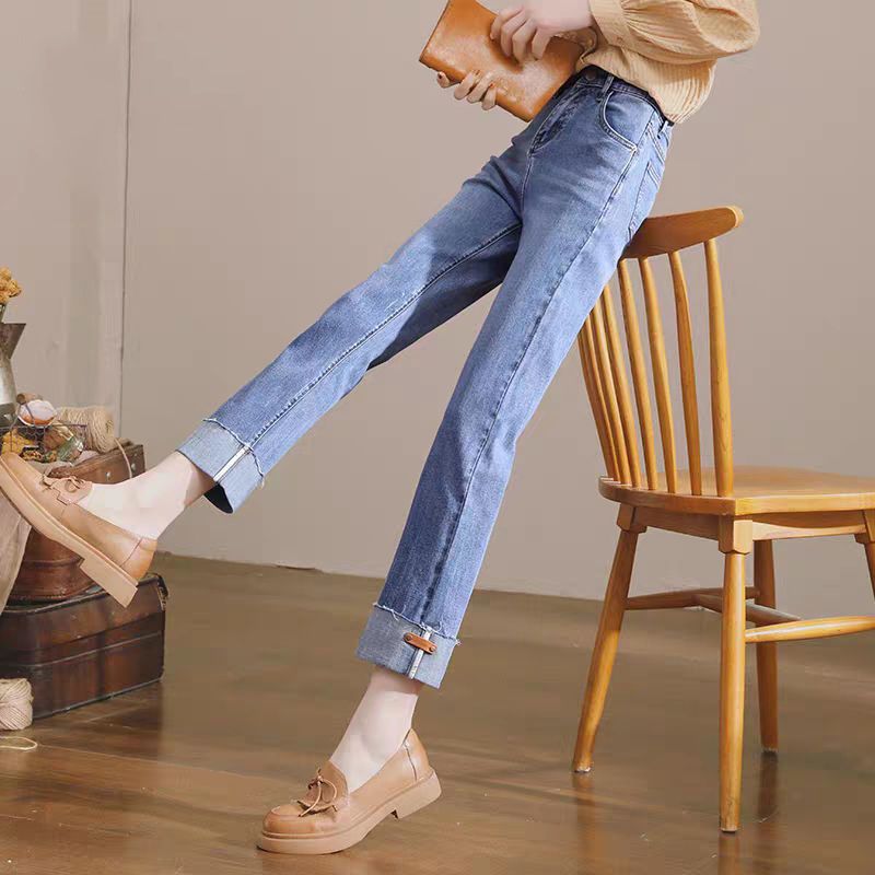 High-waisted jeans women's slim straight-leg pants 2022 autumn new pants loose all-match trend nine-point cigarette pants